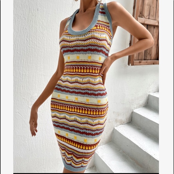 Boho Stripe Chevron Color Block Fitted Halter Knit Dress - Picture 4 of 5